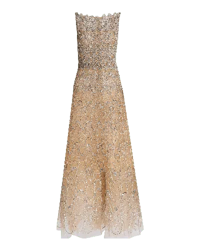 Oscar De La Renta Sleeveless Crystal Wave Embroidered Cocktail Dress In Neutral