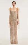 Oscar De La Renta Sleeveless Crystal Wave Embroidered Gown With Tulle Bows In Gold