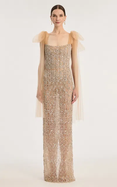 Oscar De La Renta Sleeveless Crystal Wave Embroidered Gown With Tulle Bows In Gold