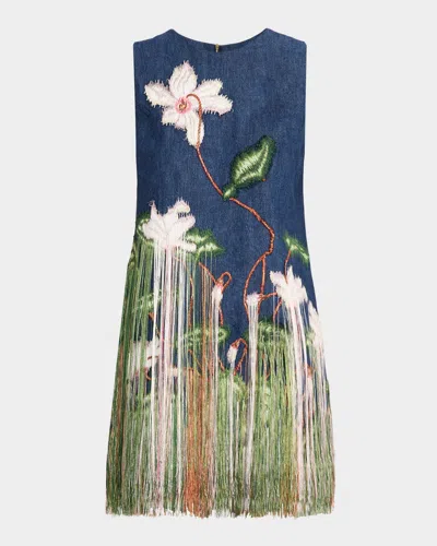 Oscar De La Renta Sleeveless Cyclamen Fringe Denim Mini Dress