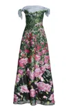 Oscar De La Renta Sleeveless Drape English Rose Field Fil Coupe Gown In Multi
