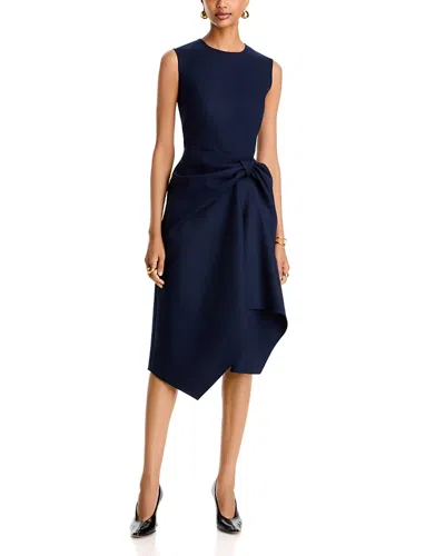 Oscar De La Renta Sleeveless Draped Waist Wool Blend Cocktail Dress In Blue