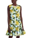 Oscar De La Renta Chrysanthemum Cotton Cloque Dress In Yellow/light Blue