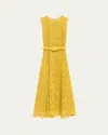 Oscar De La Renta Sleeveless Feather Scroll Guipure Midi Day Dress With Belt In Yellow