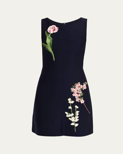 Oscar De La Renta Sleeveless Floral Embroidered Wool Knit Mini Dress In Navy