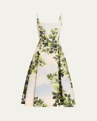 Oscar De La Renta Sleeveless Foliage-print Faille Square-neck Midi Dress In Multi