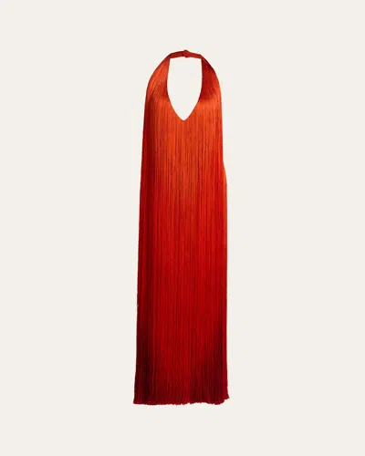 Oscar De La Renta Sleeveless Fringed Plunging Halter Gown In Red