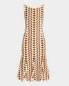 Oscar De La Renta Sleeveless Geo Stretch Wool Scalloped Midi Dress In Brown