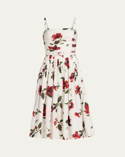 Oscar De La Renta Sleeveless Hibiscus Print Cotton Pleated Midi Dress In Multi