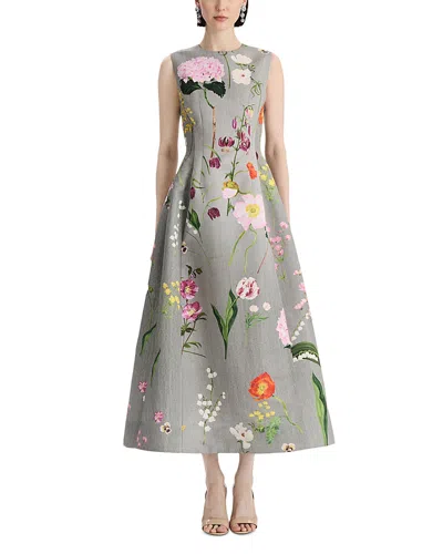 Oscar De La Renta Sleeveless Mixed Botanical Faille Cocktail Dress In Gray