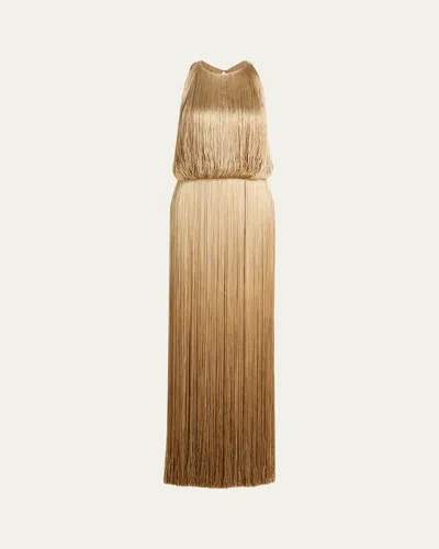 Oscar De La Renta Sleeveless Ombre Fringe Maxi Dress In Gold