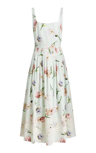 Oscar De La Renta Sleeveless Painted Iris Poplin Midi Dress In Multi