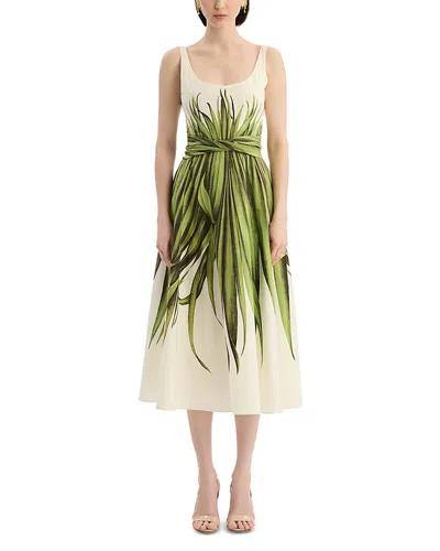 Oscar De La Renta Palm Leaves Print Cotton Stretch Poplin Midi Dress In White