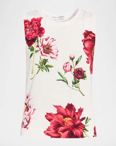 Oscar De La Renta Sleeveless Peony Print Twinset Tank Top In White
