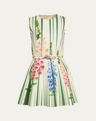 Oscar De La Renta Sleeveless Pleated Tromp L'oeil Foxgloves Mini Dress With Belt In Green Multi
