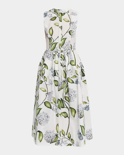 Oscar De La Renta Sleeveless Porcelain Flower Cotton Midi Dress In White