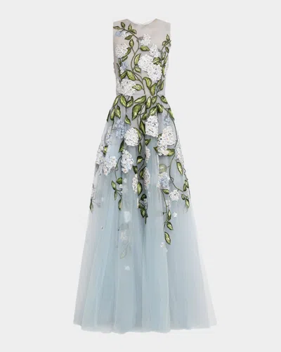 Oscar De La Renta Sleeveless Porcelain Flower Embroidered Tulle Gown In Blue