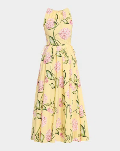 Oscar De La Renta Sleeveless Porcelain Flower Waist-tie Midi Dress In Yellow