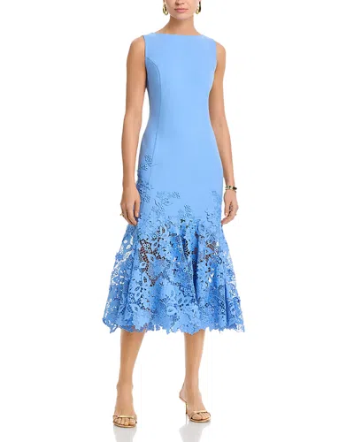 Oscar De La Renta Sleeveless Porcelain Flowers Guipure Day Dress In Blue