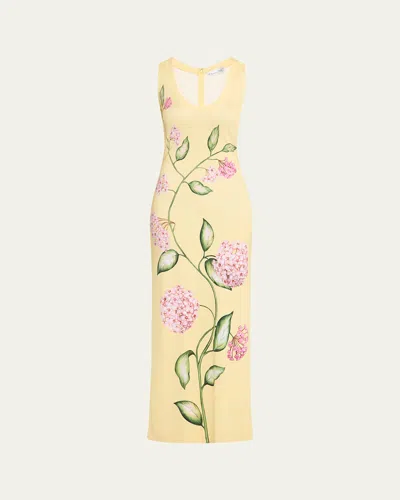 Oscar De La Renta Sleeveless Porcelain Flowers Jersey Maxi Dress In Yellow
