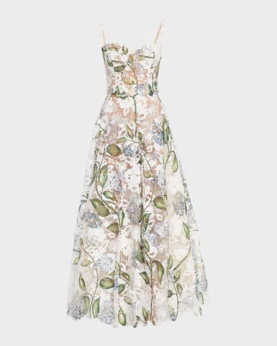 Oscar De La Renta Sleeveless Porcelain Flowers-print Lace Maxi Dress In Multi