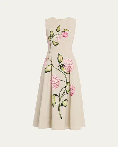 Oscar De La Renta Sleeveless Porcelain Flowers-print Midi Day Dress In Animal Print