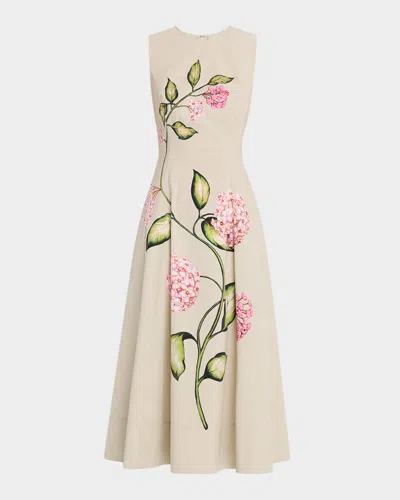 Oscar De La Renta Sleeveless Porcelain Flowers-print Midi Day Dress In Animal Print