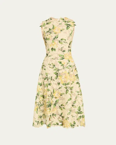 Oscar De La Renta Sleeveless Printed Garden Rose Guipure A-line Dress In Yellowsoft Yellow