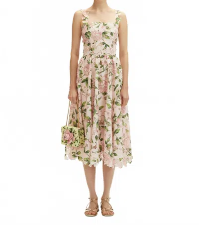 Oscar De La Renta Garden Rose Belted Silk Guipure Lace Midi Dress In Pink