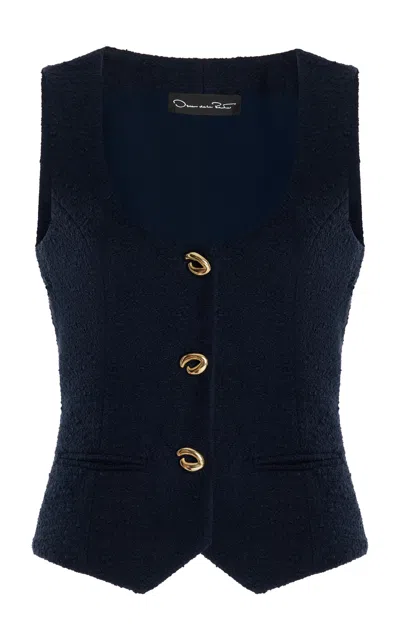 Oscar De La Renta Sleeveless Scoop Neck Cotton Tweed Gilet In Navy