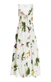 Oscar De La Renta Sleeveless V Neck Orchids Poplin Zip Front Dress In White Multi