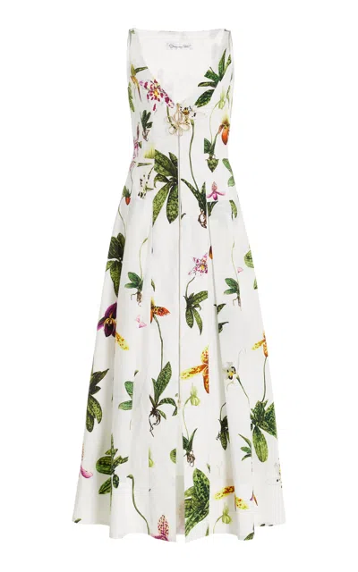 Oscar De La Renta Sleeveless V Neck Orchids Poplin Zip Front Dress In White Multi