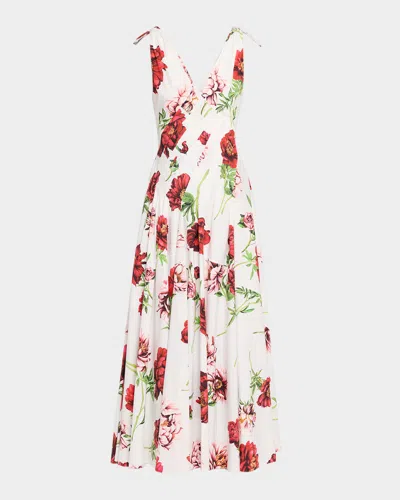 Oscar De La Renta Sleeveless V-neck Peony-print Poplin Day Dress In Multi