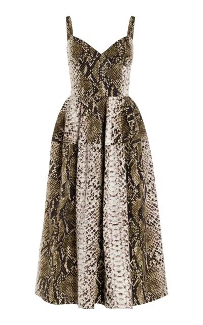 Oscar De La Renta Sleeveless V Neck Snake Print Cotton Dress In Olive
