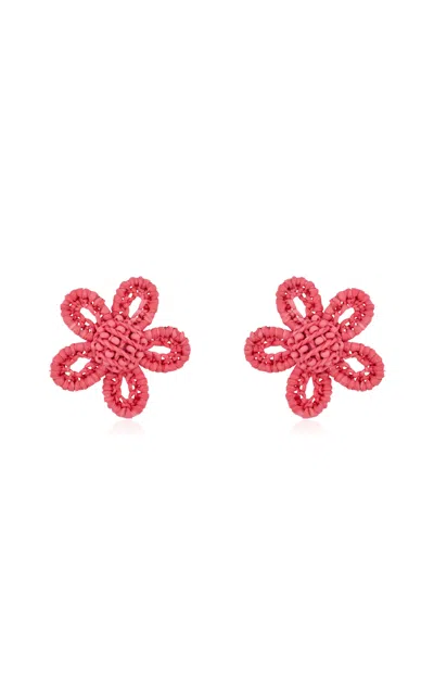 Oscar De La Renta Small Woven Flower Stud Earrings In Red