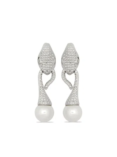 Oscar De La Renta Snake Pearl Drop Clip-on Earrings In Silver
