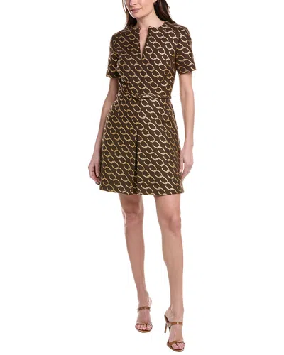 Oscar De La Renta Split Neck Logo Chain Jacquard Silk-lined Silk-blend A-line In Brown