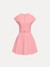 Oscar De La Renta Short-sleeve Split-neck Belted Mini Dress In Pink