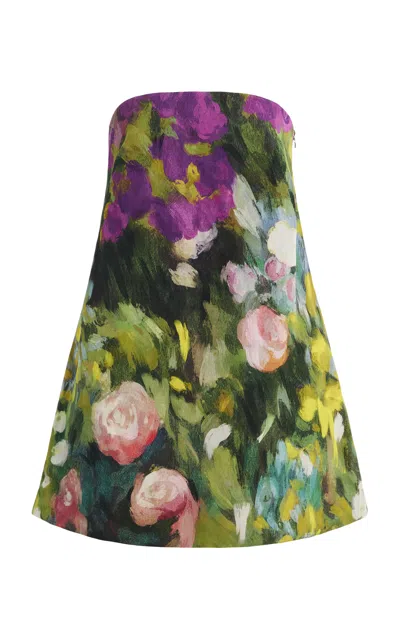 Oscar De La Renta Strapless Abstract Garden Shift Dress In Green