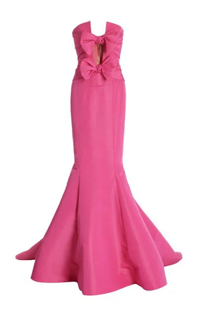 Oscar De La Renta Strapless Bow-detailed Silk Trumpet Maxi Dress In Pink