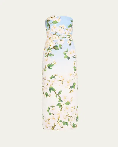 Oscar De La Renta Strapless Cherry Blossom Ombre Embroidered Gown
