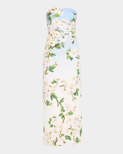 OSCAR DE LA RENTA STRAPLESS CHERRY BLOSSOM OMBRE EMBROIDERED GOWN