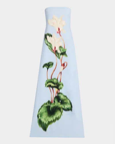 Oscar De La Renta Strapless Chinese Cyclamen Print Gown In Blue