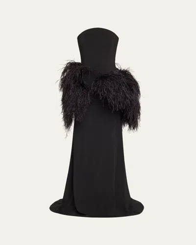 Oscar De La Renta Strapless Feather Peplum Cady Gown In Black