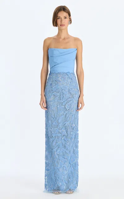 Oscar De La Renta Strapless Feather Ruffle Embroidered Gown In Blue