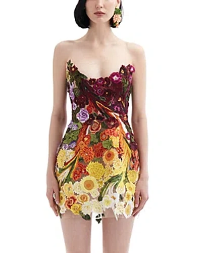 Oscar De La Renta Strapless Floral Embroidered Dress In Multi-color
