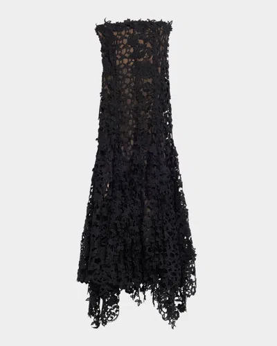 Oscar De La Renta Strapless Floral Lace Handkerchief Godet Ankle Dress In Black