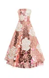 Oscar De La Renta Strapless Floral Mosaic Embroidered Cocktail Dress In Pink