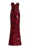 Oscar De La Renta Strapless Floral Mosaic Embroidered Gown In Red
