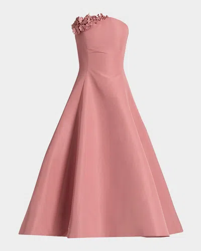 Oscar De La Renta Strapless Flower Applique Faille Midi Cocktail Dress In Brown